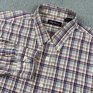 Oleg Cassini Button Down Shirt Mens XXL Red Blue Plaid‎ Silk Cotton Casual